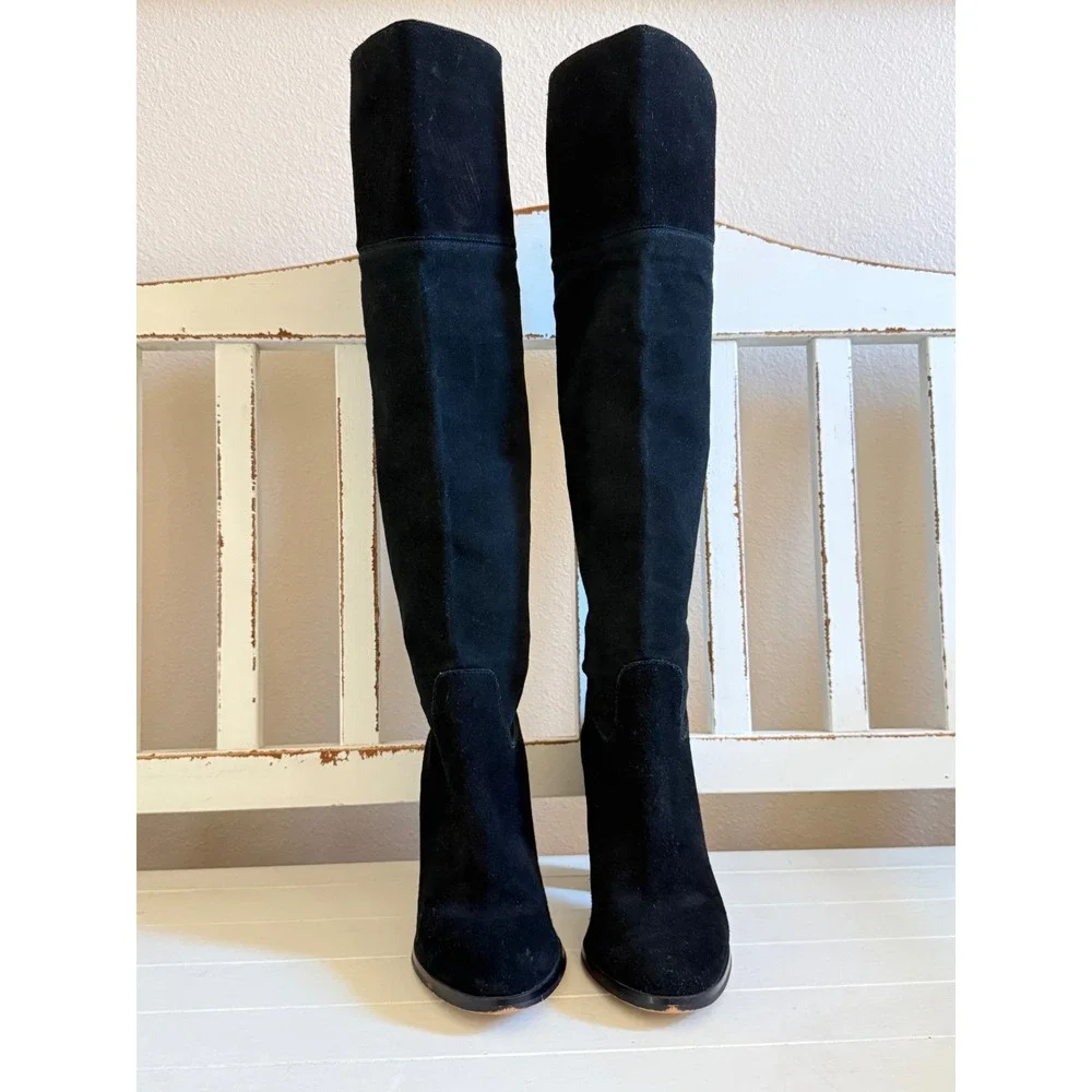 Michael Kors Womens Black Suede Over The Knee Block Heel Boots Gold Logo‎ Size 8